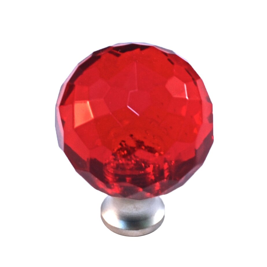 Cal Crystal Round Colored Knob in Red in Satin Nickel