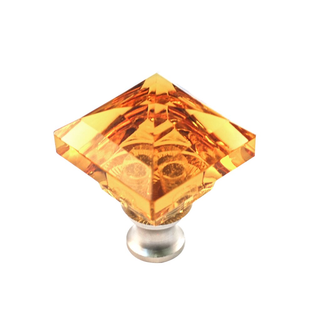 Cal Crystal Beveled Square Colored Knob in Amber in Satin Nickel