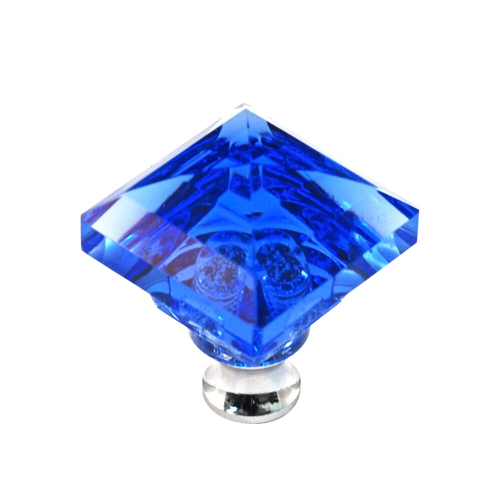 Cal Crystal Beveled Square Colored Knob in Blue in Polished Chrome