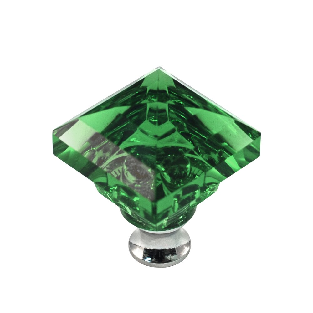 Cal Crystal Beveled Square Colored Knob in Green in Polished Chrome