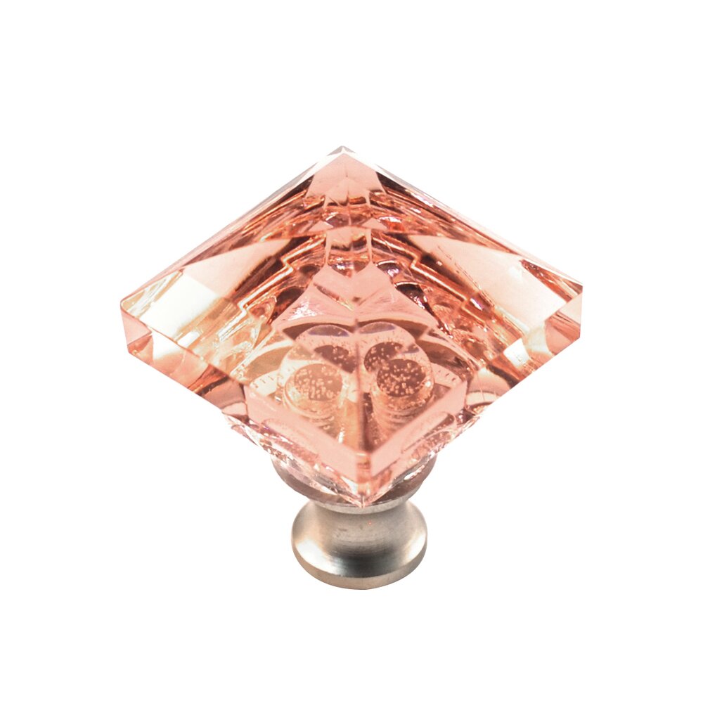 Cal Crystal Beveled Square Colored Knob in Pink in Satin Nickel