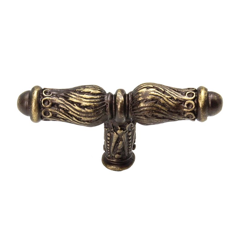 Carpe Diem "T" Shaped Knob with Feather Scroll in Antique Brass