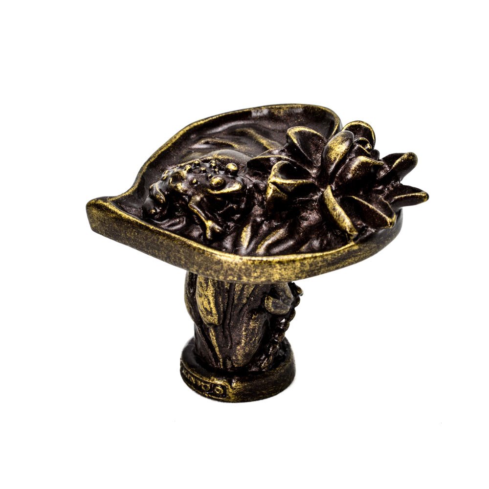 Carpe Diem Lily Pad & Frog Large Knob in Antique Brass
