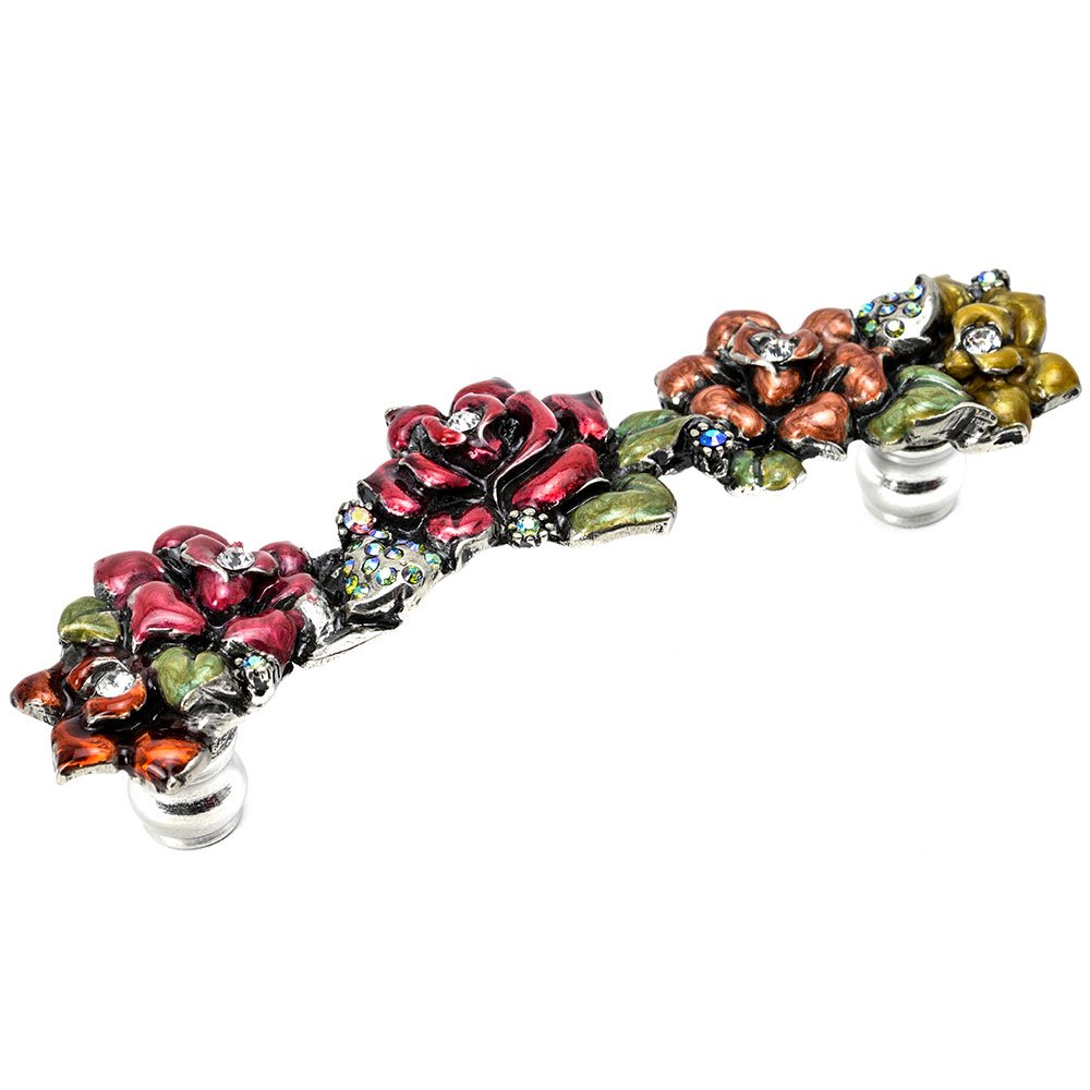 Carpe Diem Rose 4" Centers Pull With Swarovski Crystals & Multicolored Glazed Roses in Platinum with Aurora Borealis