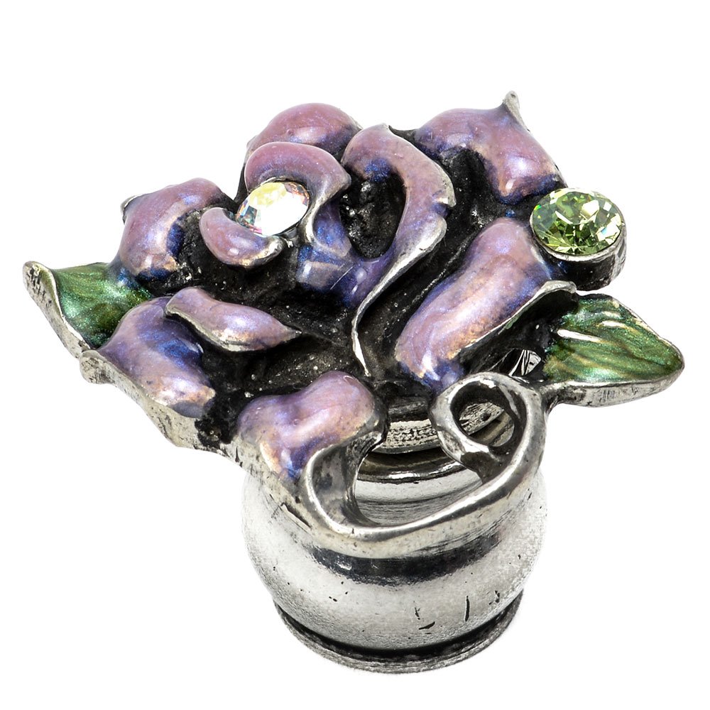 Carpe Diem Rose & Leaf Knob With Swarovski Crystals & Soft Lavender Glaze in Platinum with Clear Cluster