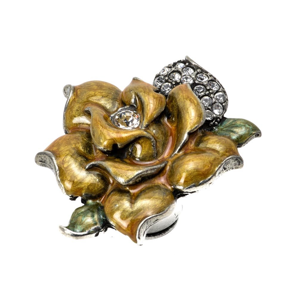 Carpe Diem Large Rose Knob W/ Swarovski Clear Crystals & Golden Bliss Glaze in Antique Brass with Aurora Borealis