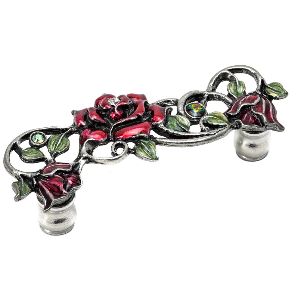 Carpe Diem Rose 3" Centers Pull W/ Swarovski Clear Crystals & Ruby Red Glaze in Antique Brass with Vitrail Light