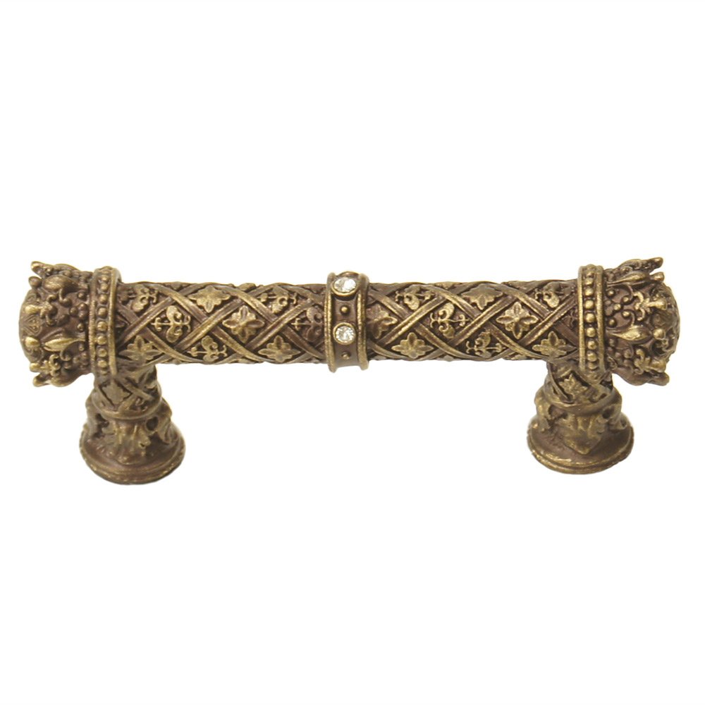 Carpe Diem Queen Anne 3" Centers Pull With Swarovski Crystals in Antique Brass with Crystal