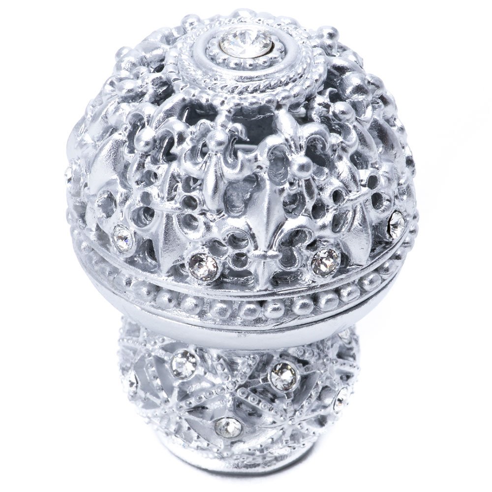 Carpe Diem Large Round Knob Fleur De Lys Open Basket Decorative Spherical Foot With Swarovski Crystals in Chrysalis with Aurora Borealis