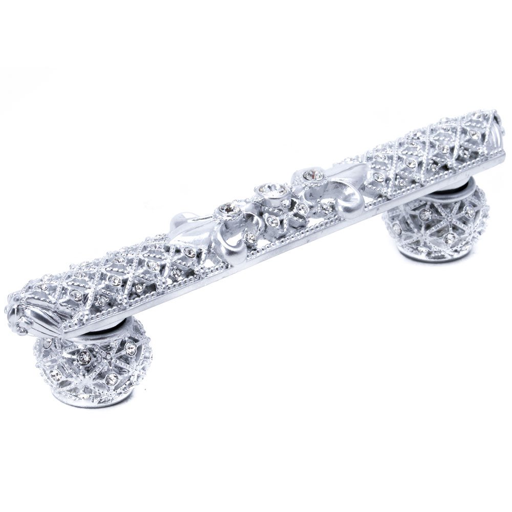 Carpe Diem 4" Centers Small Pull Fleur De Lys With Swarovski Crystals And Decorative Spherical Feet in Platinum with Crystal