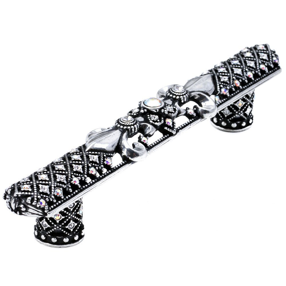 Carpe Diem 5" Centers Large Pull Fleur De Lys With Swarovski Crystals And Decorative Column Feet in Oil Rubbed Bronze with Clear and Aurora Borealis