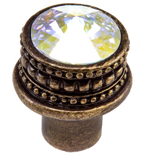 Carpe Diem 1" Medium Round Knob with 18mm Swarovski Elements in Antique Brass with Aurora Borealis