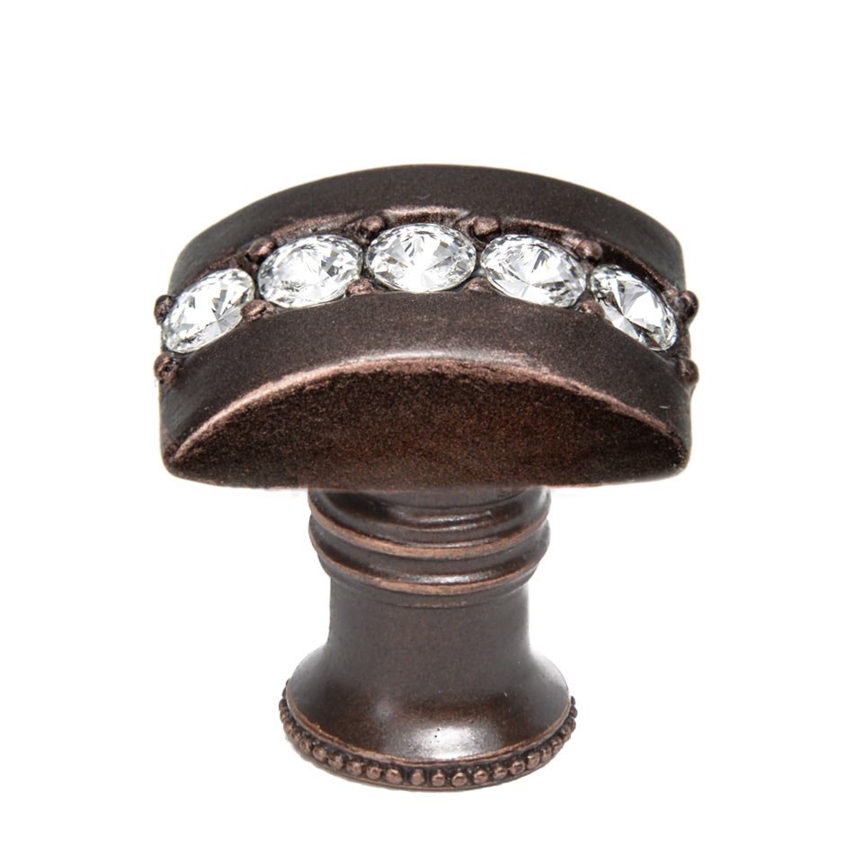 Carpe Diem Rectangle Knob With Flared Foot With Center Of 5 Rivoli Swarovski Crystals In Antique Brass