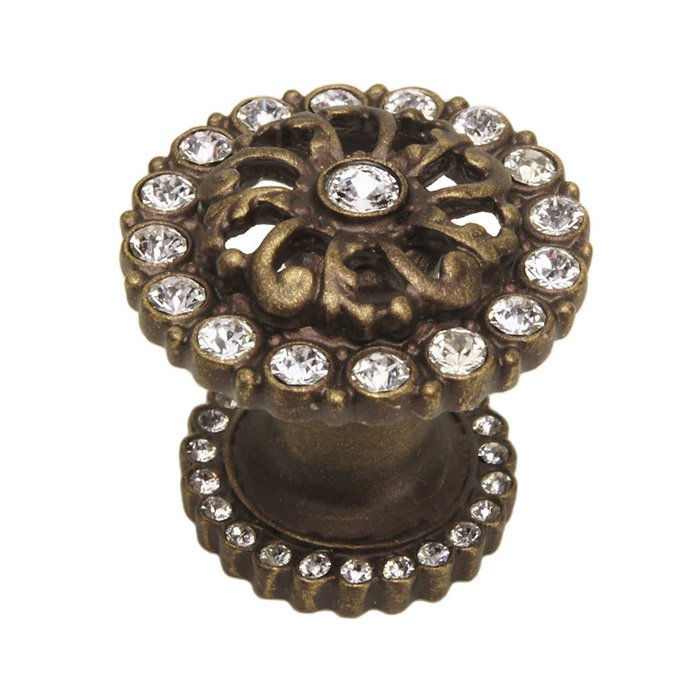 Carpe Diem Medium Round Knob With Halo Platform With Swarovski Crystals In Antique Brass