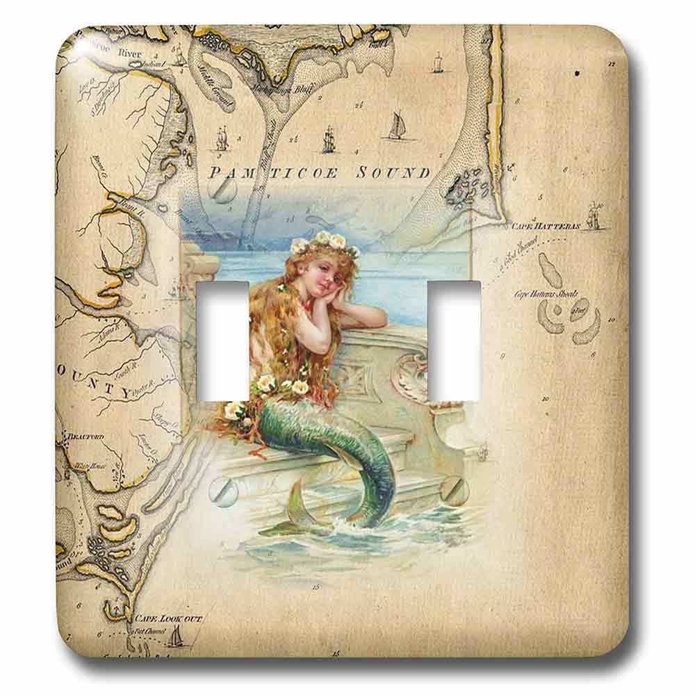 Jazzy Wallplates Double Toggle Wall Plate With Print Of Vintage Map Outer Banks With Mermaid