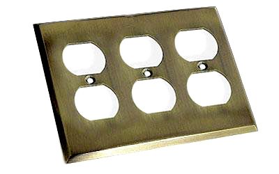Colonial Bronze Square Bevel Triple Duplex Outlet Switchplate in Antique Brass