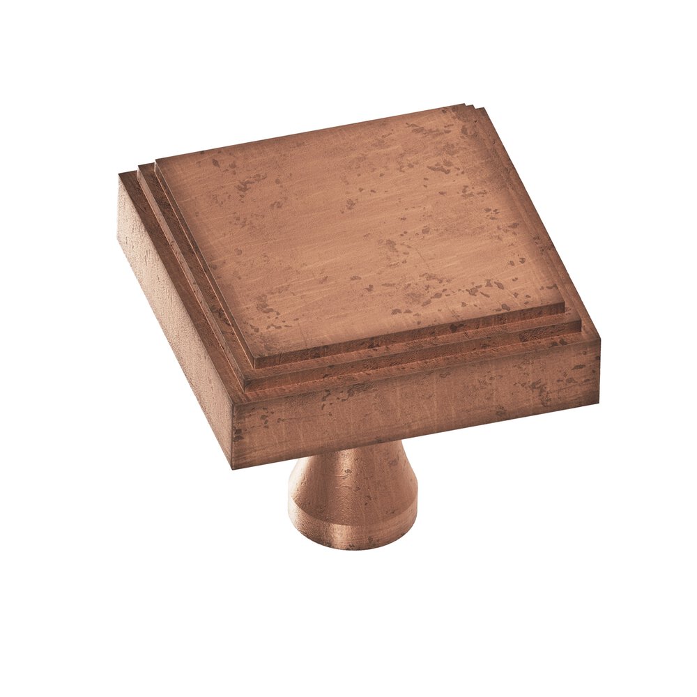 Colonial Bronze 1.5" Square Stepped Cabinet Knob With Flared Post In Distressed Antique Copper