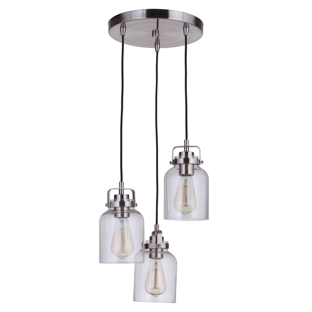 Craftmade 3 Light Pendant In Brushed Polished Nickel And Clear Glass