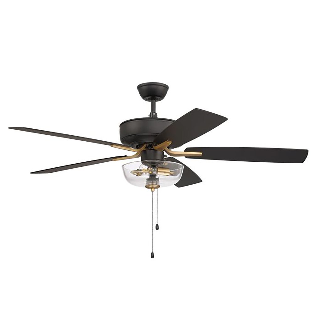 Craftmade 52" Pro Plus Ceiling Fan With Blades And Integrated Light Kit Included In Flat Black/Satin Brass And Clear Glass