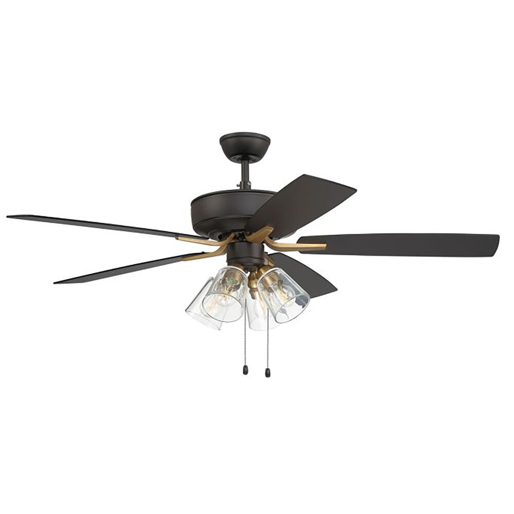 Craftmade 52" Pro Plus Ceiling Fan With Blades And Integrated Light Kit Included In Flat Black/Satin Brass And Clear Glass