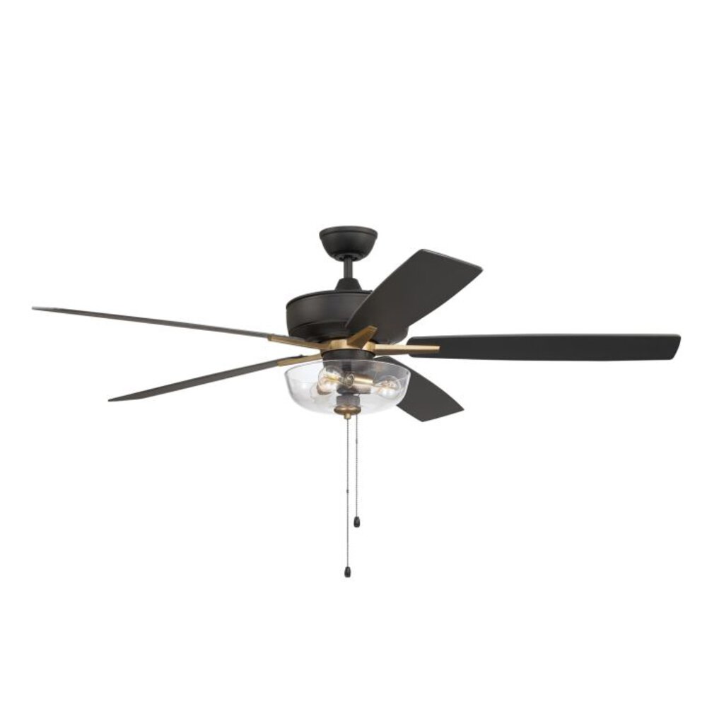 Craftmade 60" Super Pro 101 Ceiling Fan With Blades And Integrated Light Kit In Flat Black/Satin Brass And Clear Glass