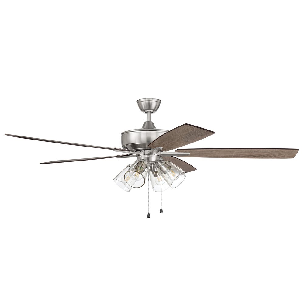Craftmade 60" Super Pro Fan With 4 Light Kit And Blades In Brushed Polished Nickel And Clear Glass