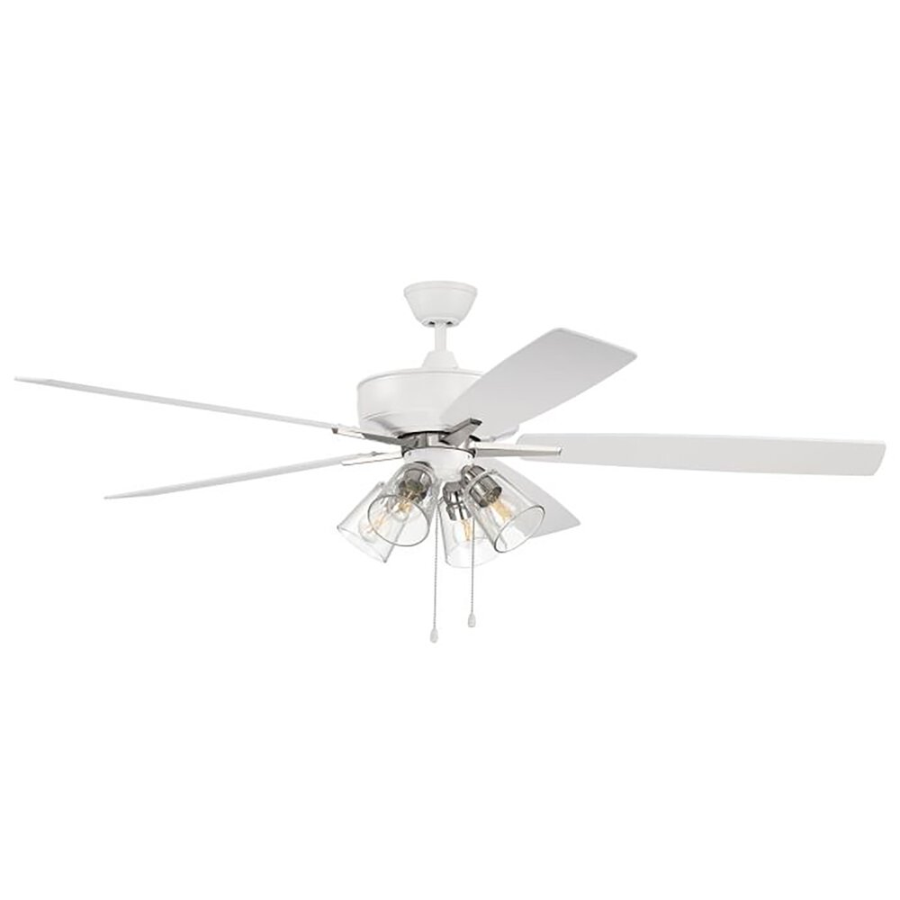 Craftmade 60" Super Pro 104 Ceiling Fan With Blades And Integrated 4 Light Kit In White / Polished Nickel And Clear Glass