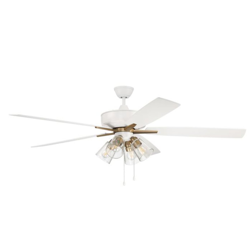Craftmade 60" Super Pro 104 Ceiling Fan With Blades And Integrated 4 Light Kit In White/Satin Brass And Clear Glass