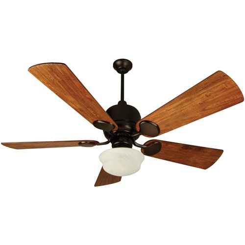 Craftmade 54" Ceiling Fan with Premier Blades in Hand Scraped Teak and School House Light Kit in Oiled Bronze with Alabaster Swirl Glass