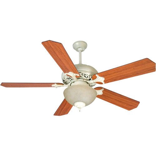 Craftmade 52" Ceiling Fan in Antique White Distressed with Standard Reversible Blades in Cherry/Rosewood and Optional Light Kit