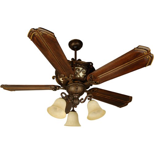 Craftmade 56" Ceiling Fan with Custom Carved Blades in Chamberlain Walnut and 3 Arm Light Kit in Peruvian with Antique Scavo Glass