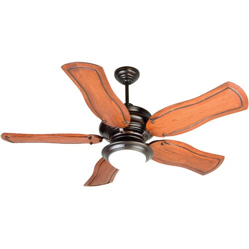 Craftmade 54" Ceiling Fan with Custom Carved Blades in Constantina Mahogany and Flushmount Elegance Light Kit in Oiled Bronze with Cased White Glass