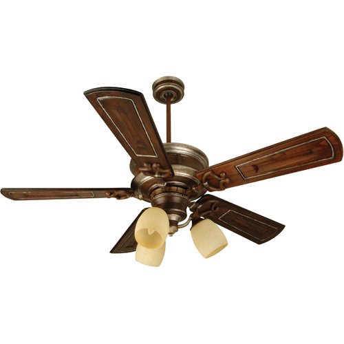 Craftmade 54" Ceiling Fan in Dark Coffee with Vintage Madera with Custom Carved Blades in Walnut/Vintage Madera and 3 Light Kit in Dark Coffee/Vintage Madera with Antique Scavo Glass