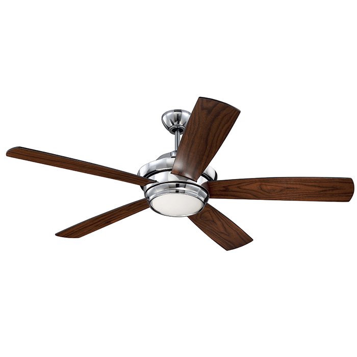 Craftmade 52" Ceiling Fan in Chrome with Flat Black/Walnut Blades and Matte White Glass