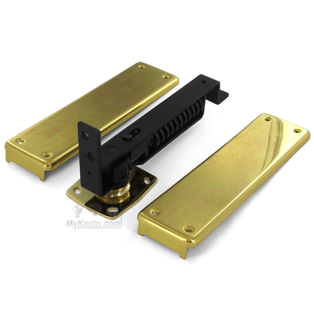 Deltana Solid Brass Double Action Floor Mounted Spring Door Hinge with Solid Brass Cover Plates (Sold Individually) in Polished Brass