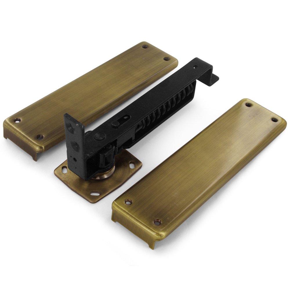 Deltana Solid Brass Double Action Floor Mounted Spring Door Hinge with Solid Brass Cover Plates (Sold Individually) in Antique Brass