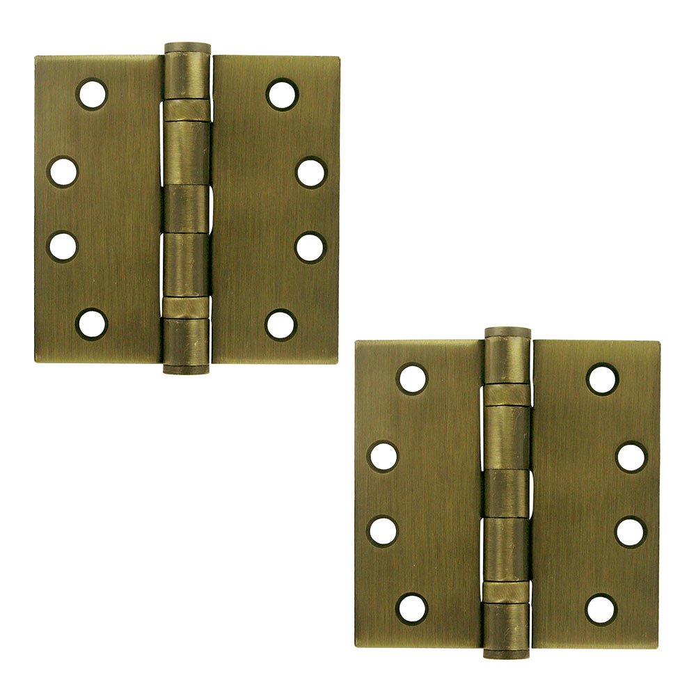 Deltana 4" x 4" 2 Ball Bearing/Heavy Duty Square Door Hinge (Sold as a Pair) in Antique Brass
