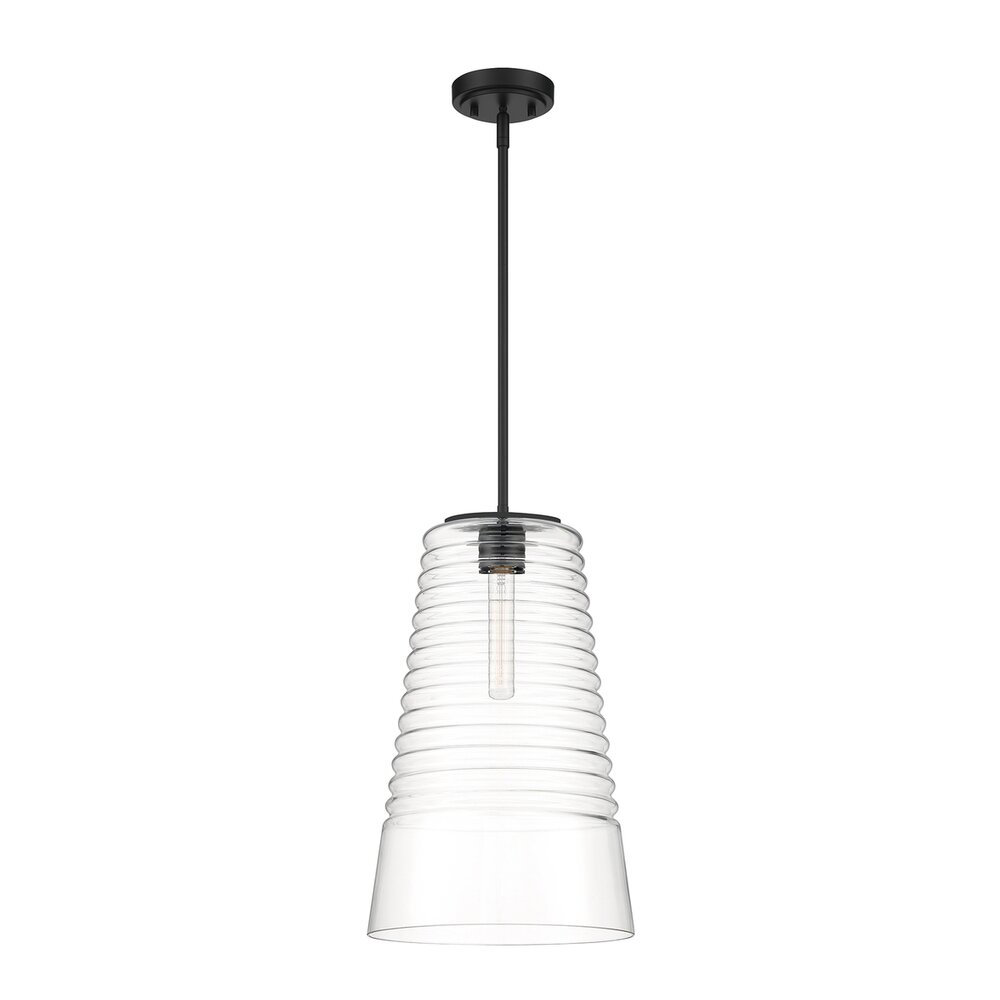 Designers Fountain 1 Light Pendant in Matte Black with Clear Blown Ripple Glass