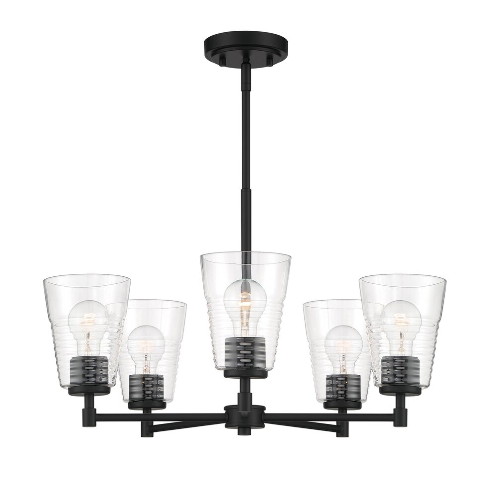 Designers Fountain 5 Light Chandelier in Matte Black with Clear Blown Ripple Glass