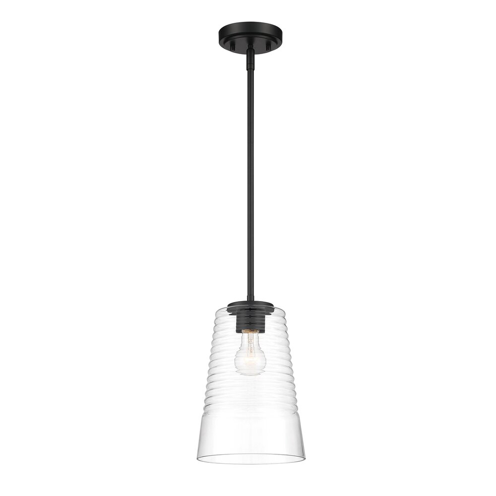 Designers Fountain 1 Light Pendant in Matte Black with Clear Blown Ripple Glass