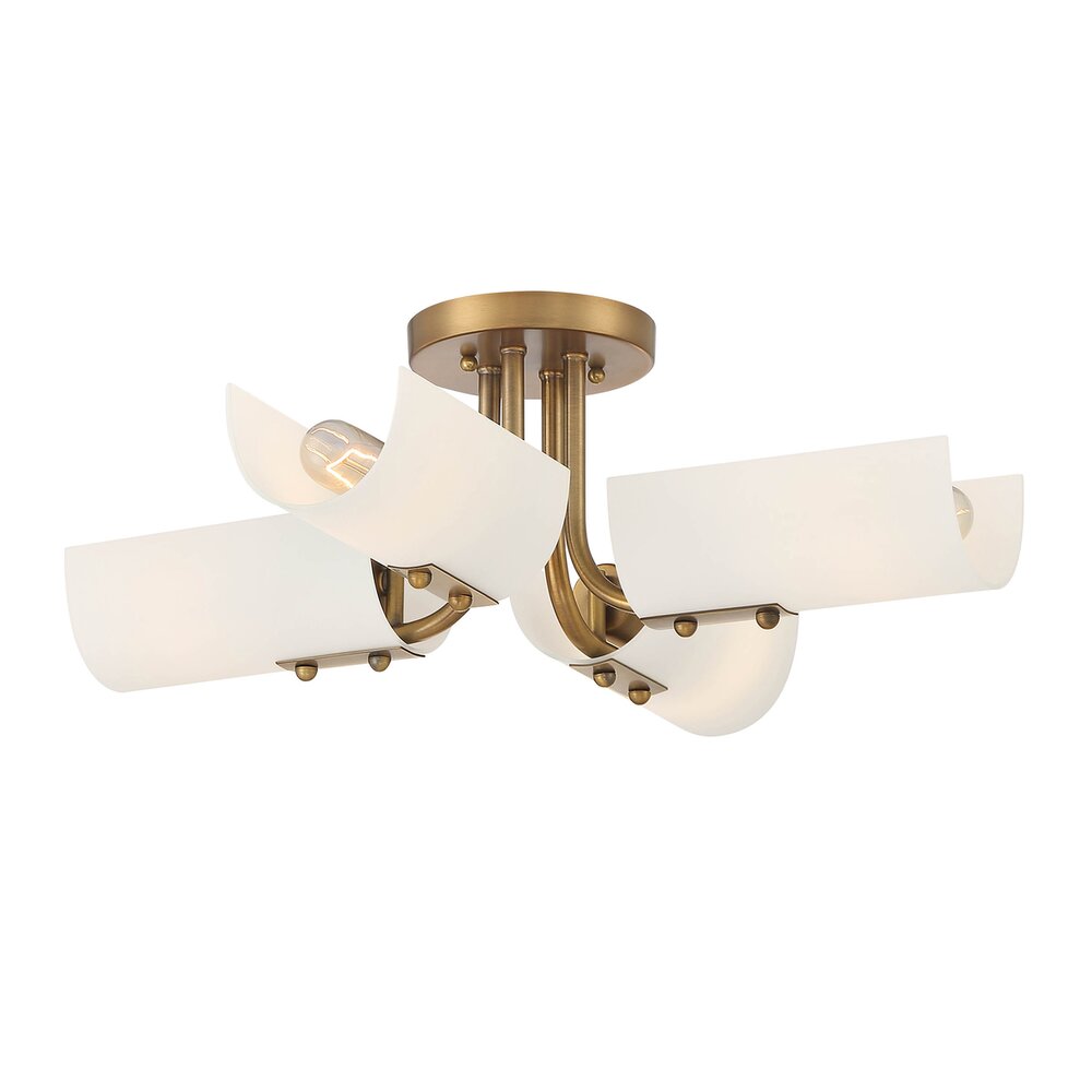 Designers Fountain 4 Light Semi Flush in Old Satin Brass with Etched White Glass