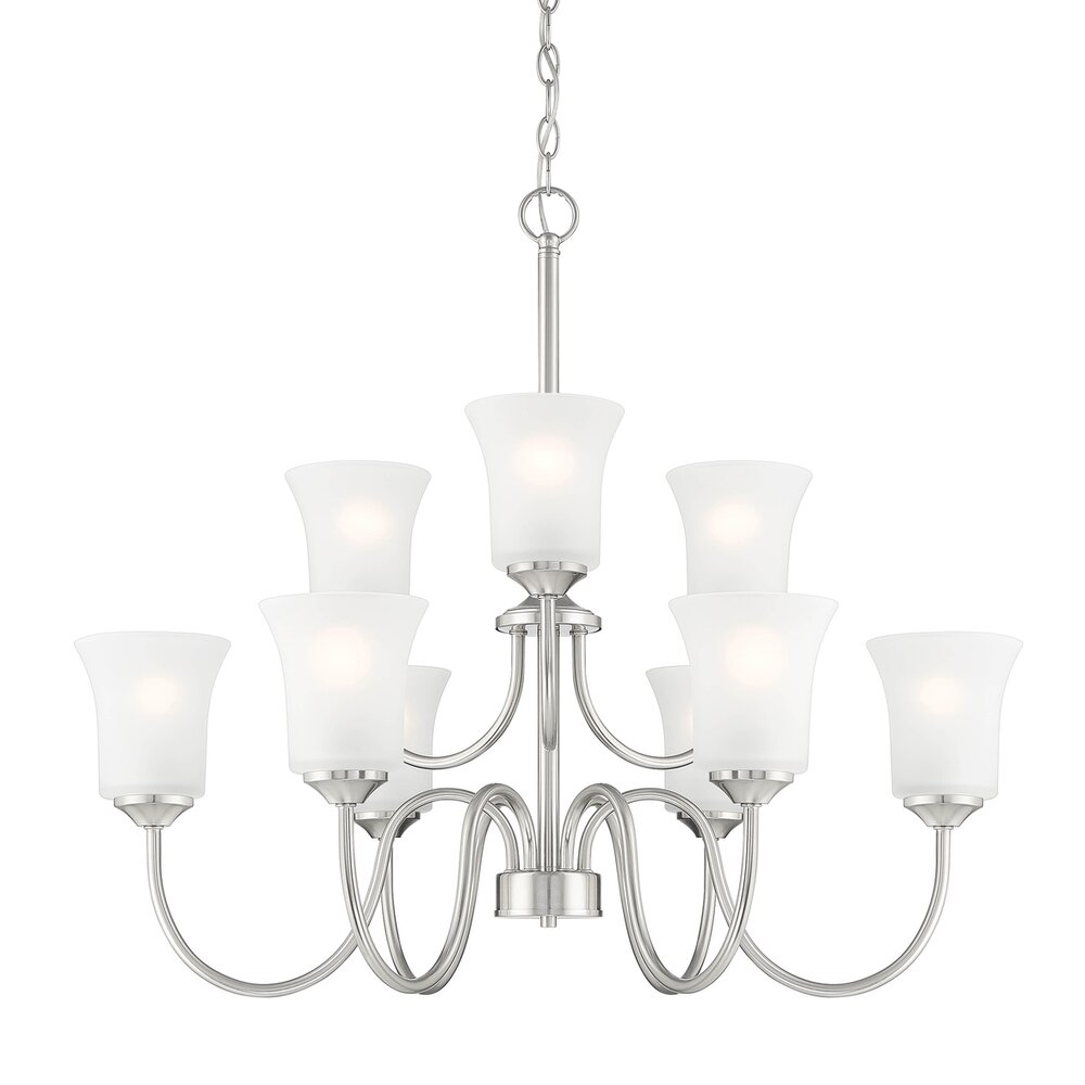 Designers Fountain 9 Light Chandelier in Brushed Nickel with Frosted Glass 