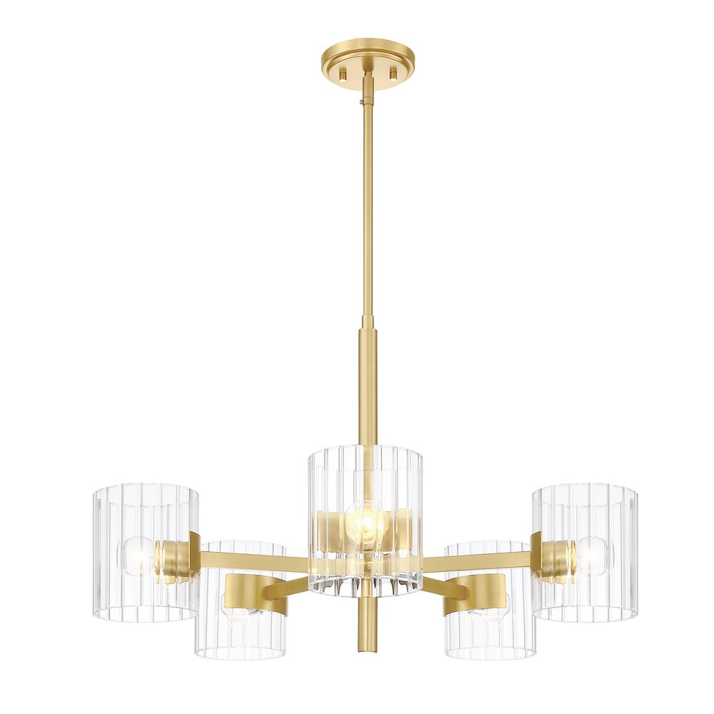 Designers Fountain 28" 5-Light Transitional Chandelier in Brushed Gold with Clear Ribbed Glass 