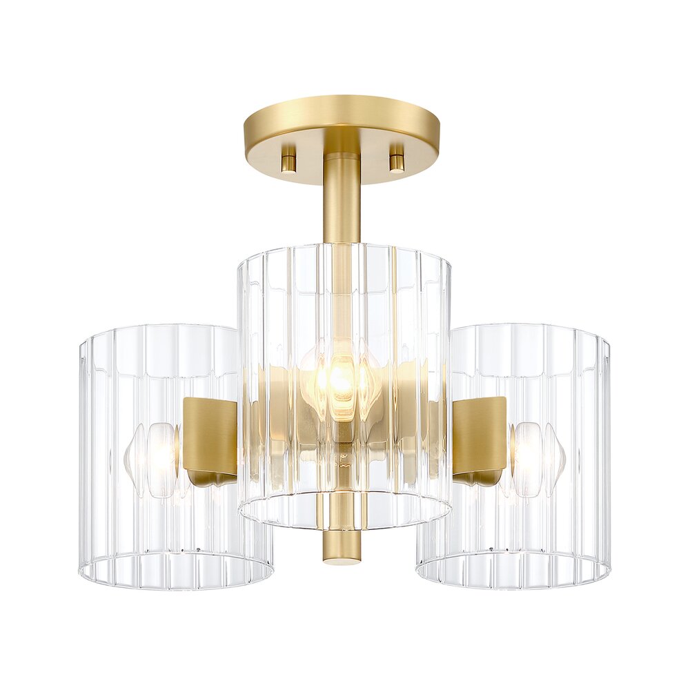 Designers Fountain 15" 3-Light Transitional Semi Flush Mount Light in Brushed Gold with Clear Ribbed Glass 
