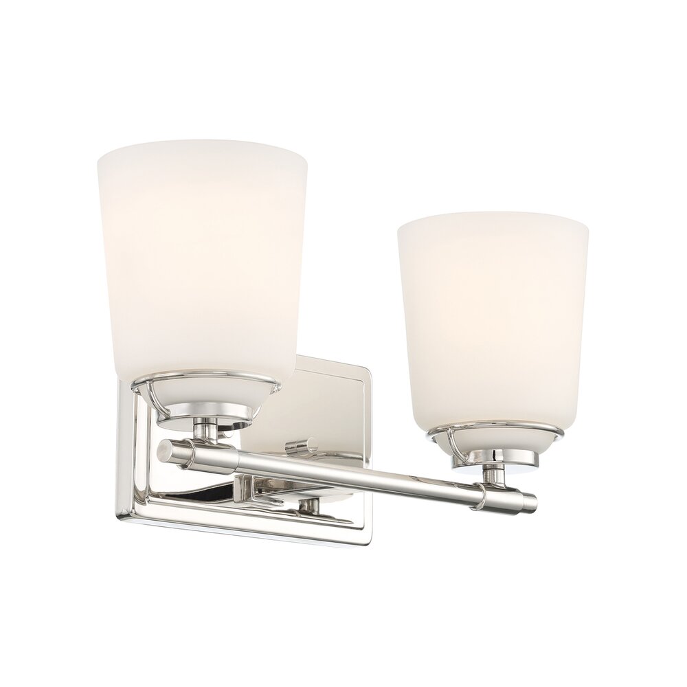 Designers Fountain 14.25" 2-Light Modern Vanity Light in Polished Nickel with Etched Opal Glass Shades