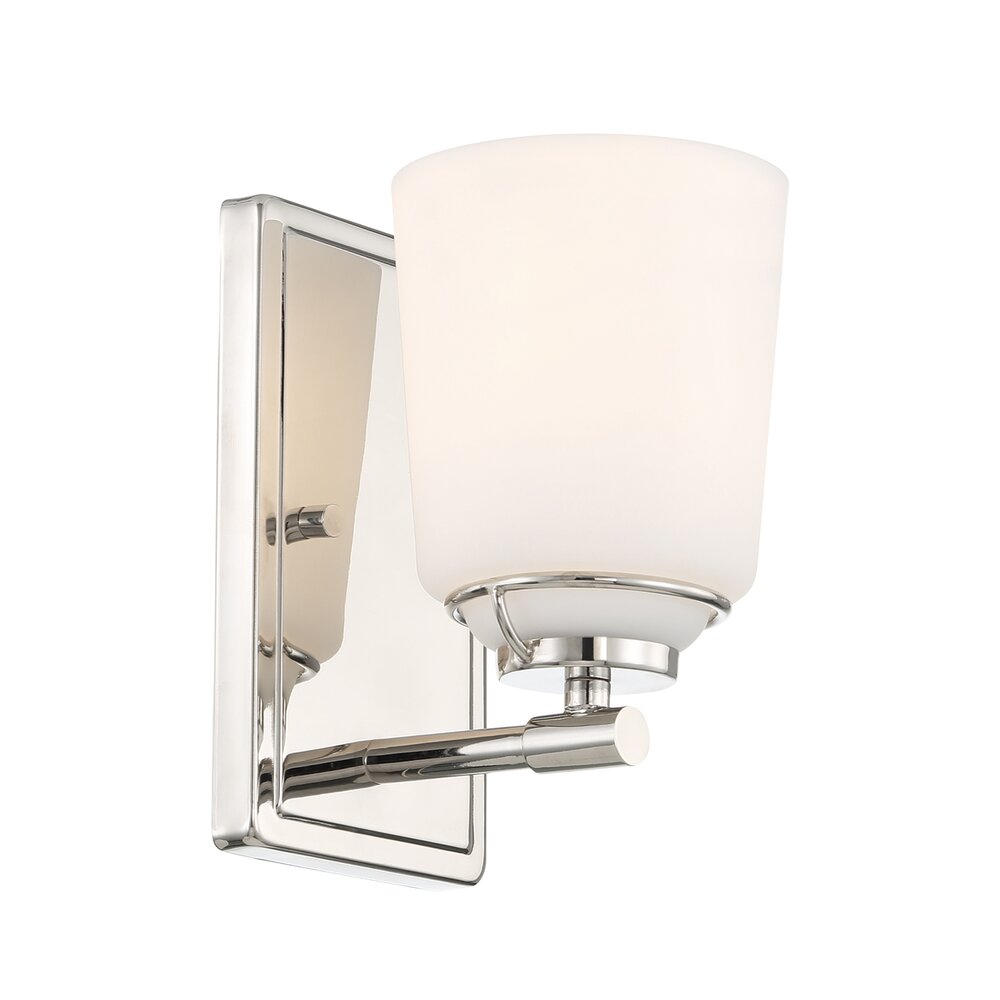 Designers Fountain 8" 1-Light Modern Wall Sconce Light in Polished Nickel with Etched Opal Glass Shades