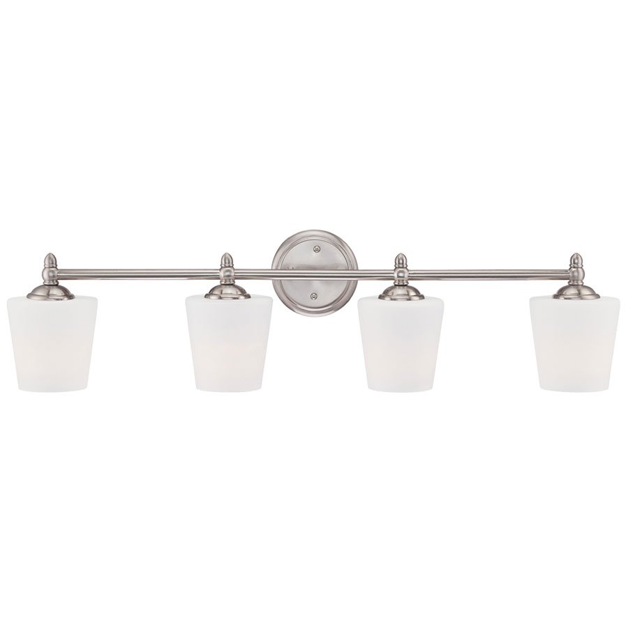 Designers Fountain 4 Light Bath Bar in Brushed Nickel with White Opal