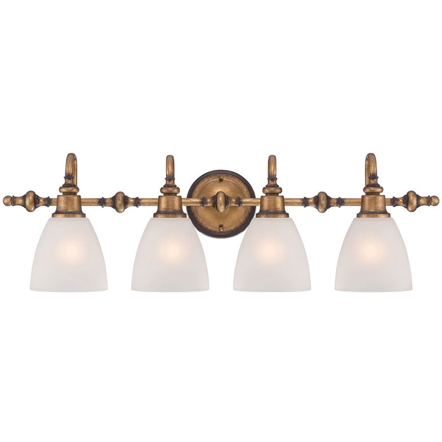 Designers Fountain 4 Light Bath Bar in Aged Brass with Satin Etched