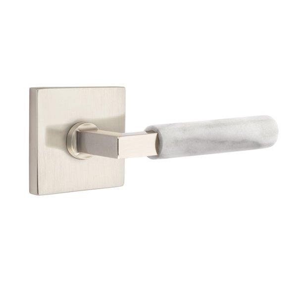 Emtek Single Dummy White Marble Right Handed Lever With L-Square Stem And Square Rose In Satin Nickel
