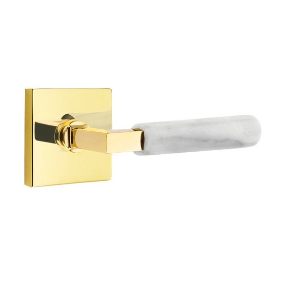 Emtek Single Dummy White Marble Left Handed Lever With L-Square Stem And Square Rose In Unlacquered Brass
